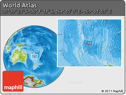 Physical Location Map of the Area around 30° 23' 20" S, 169° 13' 29" E