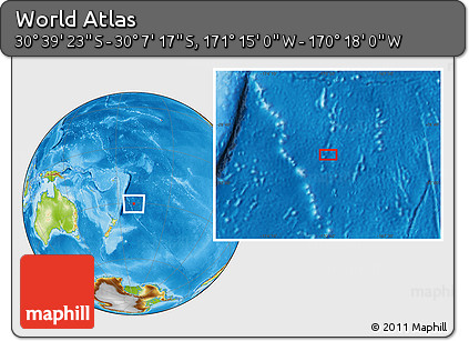 Physical Location Map of the Area around 30° 23' 20" S, 170° 46' 30" W