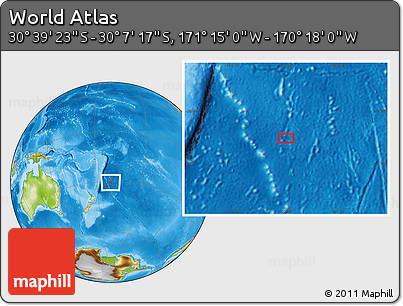 Physical Location Map of the Area around 30° 23' 20" S, 170° 46' 30" W