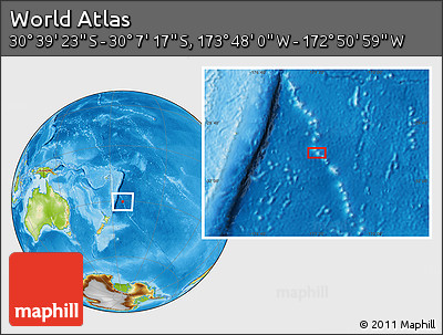 Physical Location Map of the Area around 30° 23' 20" S, 173° 19' 29" W