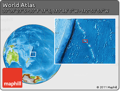 Physical Location Map of the Area around 30° 23' 20" S, 173° 19' 29" W