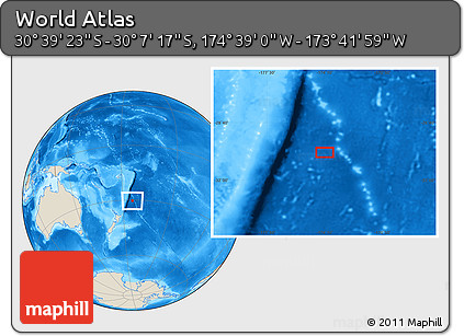 Shaded Relief Location Map of the Area around 30° 23' 20" S, 174° 10' 30" W