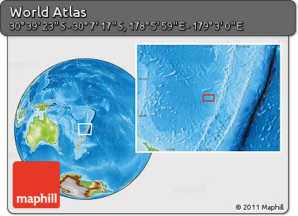 Physical Location Map of the Area around 30° 23' 20" S, 178° 34' 29" E