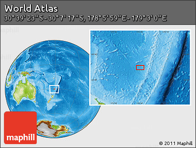 Physical Location Map of the Area around 30° 23' 20" S, 178° 34' 29" E