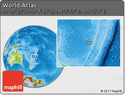 Physical Location Map of the Area around 30° 23' 20" S, 178° 34' 29" E