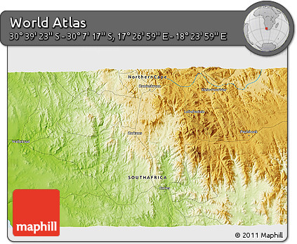 Physical 3D Map of the Area around 30° 23' 20" S, 17° 55' 29" E