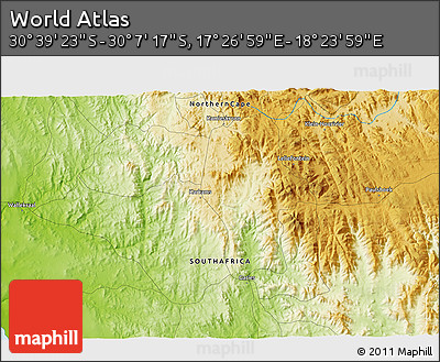 Physical 3D Map of the Area around 30° 23' 20" S, 17° 55' 29" E