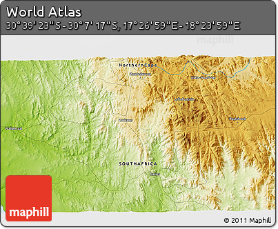 Physical 3D Map of the Area around 30° 23' 20" S, 17° 55' 29" E