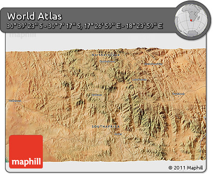 Satellite 3D Map of the Area around 30° 23' 20" S, 17° 55' 29" E