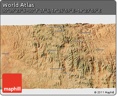 Satellite 3D Map of the Area around 30° 23' 20" S, 17° 55' 29" E