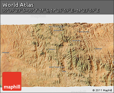 Satellite 3D Map of the Area around 30° 23' 20" S, 17° 55' 29" E