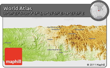 Physical Panoramic Map of the Area around 30° 23' 20" S, 17° 55' 29" E