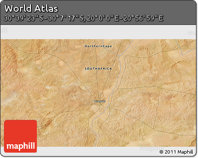 Satellite 3D Map of the Area around 30° 23' 20" S, 20° 28' 30" E