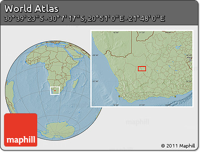 Savanna Style Location Map of the Area around 30° 23' 20" S, 21° 19' 30" E, hill shading