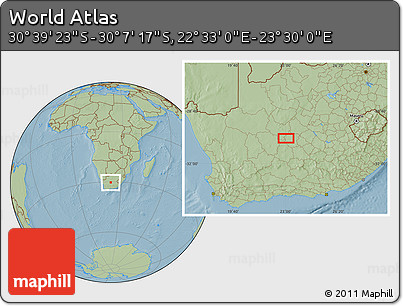 Savanna Style Location Map of the Area around 30° 23' 20" S, 23° 1' 29" E, hill shading