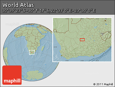 Savanna Style Location Map of the Area around 30° 23' 20" S, 23° 1' 29" E, hill shading