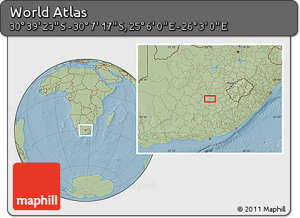Savanna Style Location Map of the Area around 30° 23' 20" S, 25° 34' 30" E, hill shading