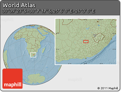 Savanna Style Location Map of the Area around 30° 23' 20" S, 25° 34' 30" E, hill shading