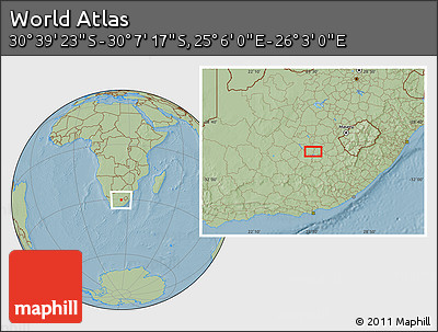 Savanna Style Location Map of the Area around 30° 23' 20" S, 25° 34' 30" E, hill shading