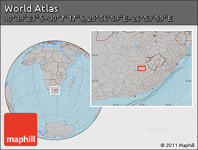 Gray Location Map of the Area around 30° 23' 20" S, 26° 25' 29" E, hill shading