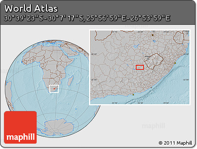 Gray Location Map of the Area around 30° 23' 20" S, 26° 25' 29" E, hill shading