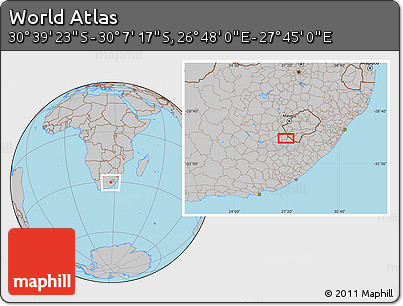 Gray Location Map of the Area around 30° 23' 20" S, 27° 16' 29" E