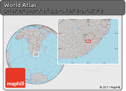 Gray Location Map of the Area around 30° 23' 20" S, 28° 7' 30" E