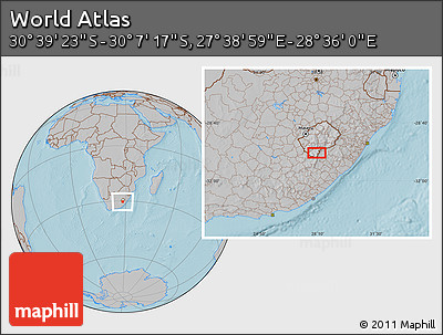 Gray Location Map of the Area around 30° 23' 20" S, 28° 7' 30" E, hill shading