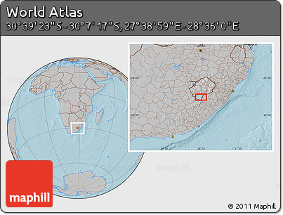 Gray Location Map of the Area around 30° 23' 20" S, 28° 7' 30" E, hill shading