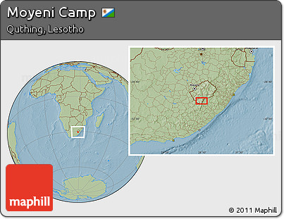 Savanna Style Location Map of Moyeni Camp, hill shading