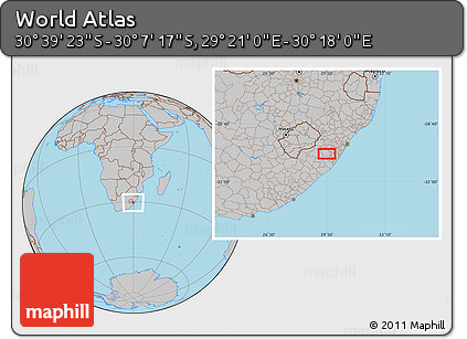 Gray Location Map of the Area around 30° 23' 20" S, 29° 49' 30" E