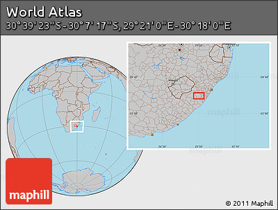 Gray Location Map of the Area around 30° 23' 20" S, 29° 49' 30" E