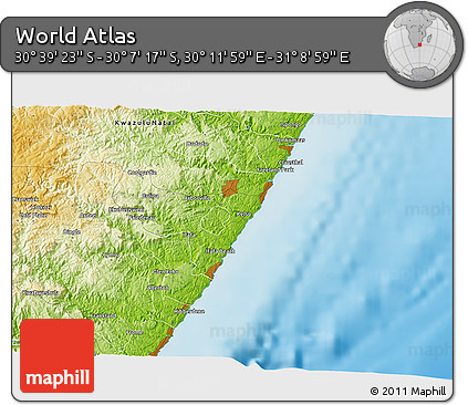 Physical 3D Map of the Area around 30° 23' 20" S, 30° 40' 29" E