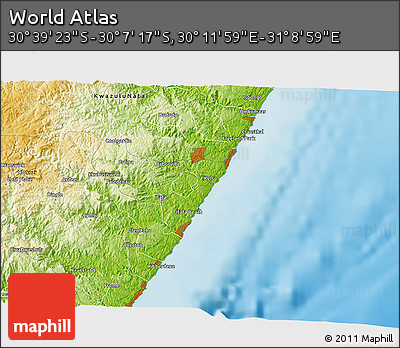 Physical 3D Map of the Area around 30° 23' 20" S, 30° 40' 29" E