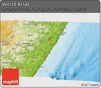 Physical 3D Map of the Area around 30° 23' 20" S, 30° 40' 29" E