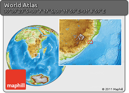 Physical Location Map of the Area around 30° 23' 20" S, 30° 40' 29" E