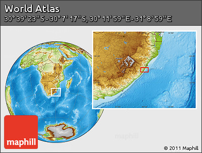 Physical Location Map of the Area around 30° 23' 20" S, 30° 40' 29" E