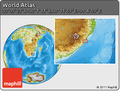 Physical Location Map of the Area around 30° 23' 20" S, 30° 40' 29" E