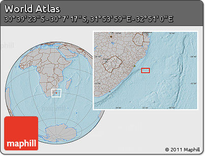 Gray Location Map of the Area around 30° 23' 20" S, 32° 22' 30" E, hill shading