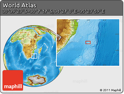 Physical Location Map of the Area around 30° 23' 20" S, 34° 55' 29" E
