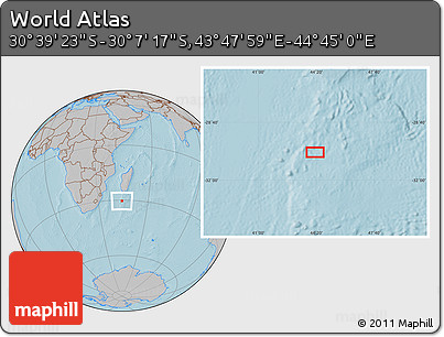 Gray Location Map of the Area around 30° 23' 20" S, 44° 16' 29" E, hill shading