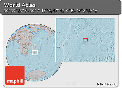 Gray Location Map of the Area around 30° 23' 20" S, 47° 40' 29" E, hill shading