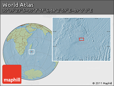 Savanna Style Location Map of the Area around 30° 23' 20" S, 48° 31' 29" E, hill shading
