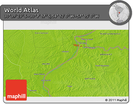 Physical 3D Map of the Area around 30° 23' 20" S, 57° 43' 30" W