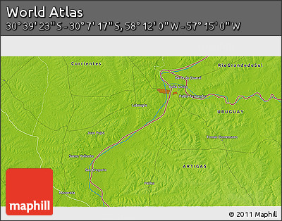Physical 3D Map of the Area around 30° 23' 20" S, 57° 43' 30" W