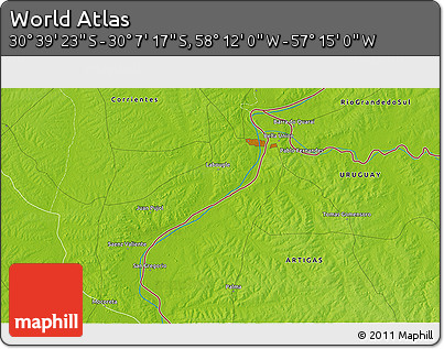 Physical 3D Map of the Area around 30° 23' 20" S, 57° 43' 30" W