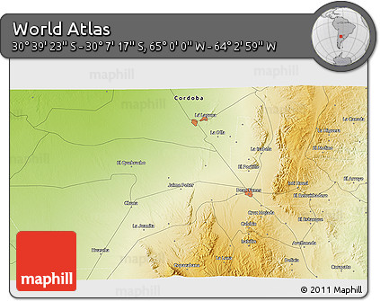 Physical 3D Map of the Area around 30° 23' 20" S, 64° 31' 30" W