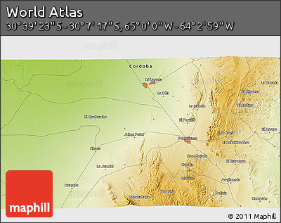 Physical 3D Map of the Area around 30° 23' 20" S, 64° 31' 30" W