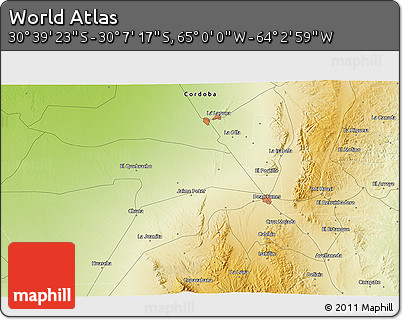 Physical 3D Map of the Area around 30° 23' 20" S, 64° 31' 30" W