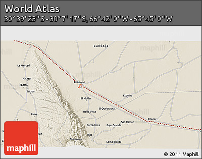 Shaded Relief 3D Map of the Area around 30° 23' 20" S, 66° 13' 29" W